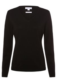 Schwarzer V-Ausschnitt-Pullover aus hochwertiger Baumwolle mit langen Ärmeln und geripptem Muster. Einfaches, tailliertes Design mit glatter Oberfläche.