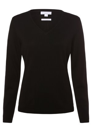 Black v-neck sweater made of premium cotton, featuring long sleeves and a ribbed texture. Simple, fitted design with a smooth finish.