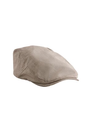 Jasnobrązowa czapka typu „flat cap” wykonana z teksturowanej tkaniny z widocznym przeszyciem i małym daszkiem z przodu.