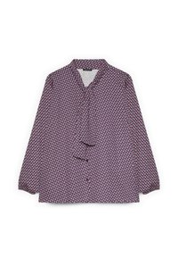 Blouse à manches longues avec un motif géométrique violet, blanc et rose, et un nœud attaché au cou, présentée sur un fond blanc.