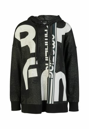 Schwarzer Kapuzenpullover mit großen weißen abstrakten Buchstaben und vertikalem Streifendesign, mit schwarzen Kordeln und gerippten Bündchen und Saum.