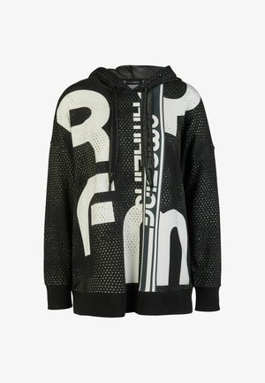 Zwarte capuchonsweatshirt met grote witte abstracte letters en een verticale streepjesprint, met zwarte trekkoorden en geribbelde boorden en zoom.