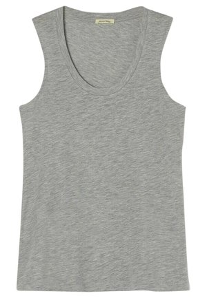 Sivá bezramienková top s okrúhlym výstrihom, vyrobený z jemnej, ľahkej zmesi bavlny; hladká textúra a ležérny dizajn.