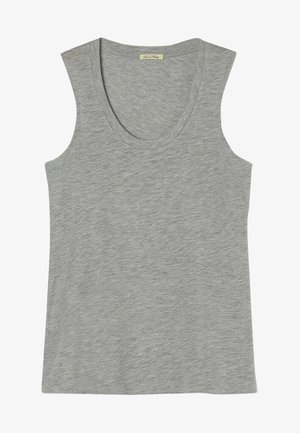 Sivá bezramienková top s okrúhlym výstrihom, vyrobený z jemnej, ľahkej zmesi bavlny; hladká textúra a ležérny dizajn.