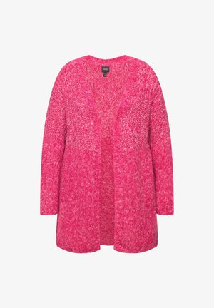 Offene, vorne offene Strickjacke in leuchtendem Pink, aus strukturiertem Material mit langen Ärmeln und lässiger Passform. Keine Verschlüsse oder Muster; glatte Oberfläche.