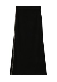 Falda midi negra de corte recto con una sutil raya plateada brillante que corre verticalmente a lo largo de un lateral.