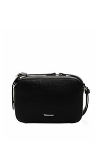 Black leather crossbody bag with a textured surface, rectangular shape, silver hardware, and adjustable strap. Features logo detail on the front.