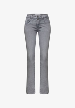 Jean en denim gris clair avec taille mi-haute, deux boutons à l'avant, passants pour ceinture et léger évasement en bas.
