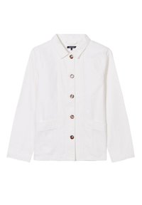 Giacca bianca in cotone con colletto, bottoni frontali e due tasche laterali. Design semplice con una finitura testurizzata.