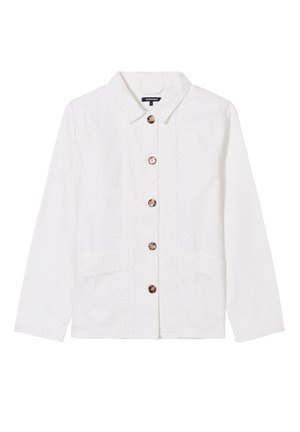 Chaqueta blanca de algodón con cuello, botones frontales y dos bolsillos laterales. Diseño sencillo con un acabado texturizado.