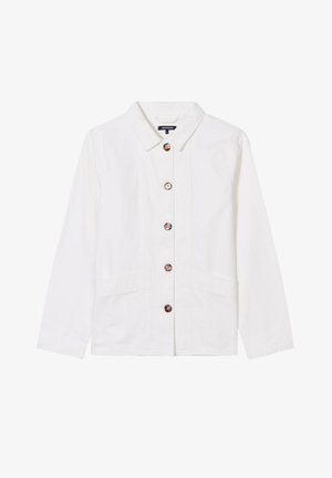 Veste en coton blanc avec un col, des boutons sur le devant et deux poches latérales. Design simple avec une finition texturée.