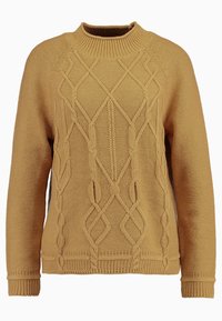 Pull en tricot jaune moutarde avec un motif torsadé texturé, col rond côtelé et manches longues. Présente une coupe décontractée et des bordures unies.