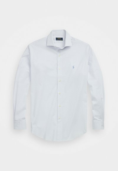 Cămașă bleu deschis cu un model geometric mic, mâneci lungi, guler ascuțit și logo brodat pe partea stângă a pieptului.