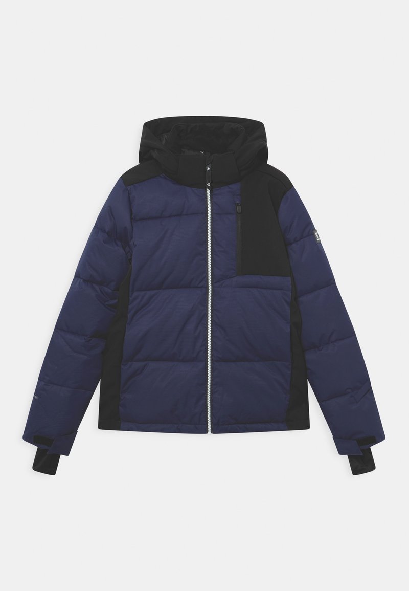 Veste d'hiver matelassée bleu marine et noire avec capuche, fermeture éclair frontale, poche poitrine et poignets réglables.