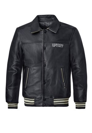 Black leather jacket with a classic design, featuring a button closure, two pockets, and cream striped rib-knit cuffs and hem. "Cordon Sport" logo present.