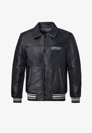 Schwarze Lederjacke mit klassischem Design, ausgestattet mit einem Knopfverschluss, zwei Taschen sowie cremefarbigen, gestreiften Rippstrickbündchen und -saum. Logo "Cordon Sport" vorhanden.
