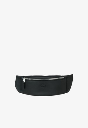 Schwarze, strukturierte Hüfttasche mit einer vorderen Reißverschlusstasche, ausgestattet mit einem Lacoste-Logo und einem schlanken, abgerundeten Design. Strapazierfähiges Material mit einer glatten Oberfläche.