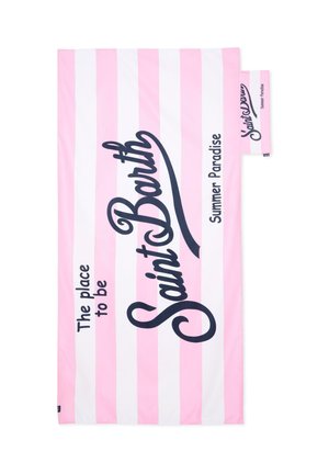 Asciugamano da spiaggia a righe rosa e bianche con le scritte "Saint Barth", "The place to be" e "Summer Paradise" in caratteri neri corsivi e stampatello.