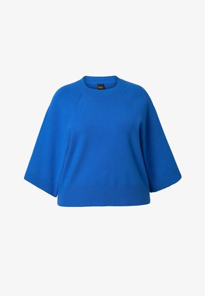 Blå oversized trøje med korte ærmer, ribbede kanter og rund halsudskæring. Fremstillet af blødt strikket stof med en glat tekstur.