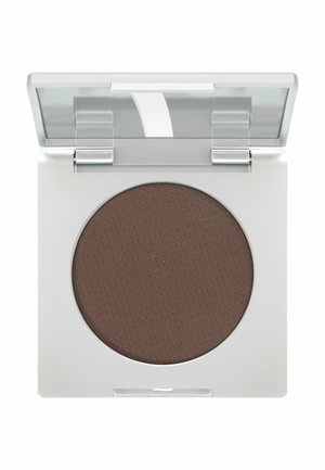 Quadratische Kompaktpalette mit klarem Deckel, offen, zeigt matter dunkelbrauner Puder-Lidschatten innen.