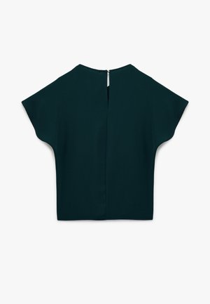 Donkergroene blouse met korte, brede mouwen, een keyhole achterkant met een kleine rits en een gladde, gestructureerde stof.