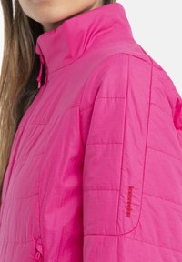 Fuchsiová prošívaná bunda s límcem, nastavitelnou šňůrkou a vyšitým logem na levém rukávu. Lehká tkanina s hladkou texturou.