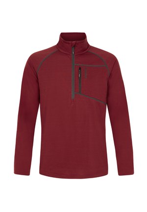 Roter Fleece-Pullover mit hohem Kragen, halbem Reißverschluss und einer Reißverschlusstasche auf der Brust. Mit kontrastierenden grauen Nähten und einer strukturierten Stoffoberfläche.