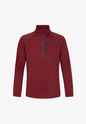 Roter Fleece-Pullover mit hohem Kragen, halbem Reißverschluss und einer Reißverschlusstasche auf der Brust. Mit kontrastierenden grauen Nähten und einer strukturierten Stoffoberfläche.