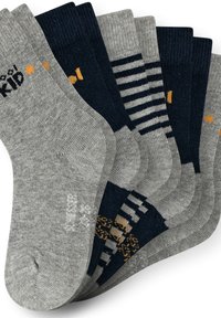 Five pairs of socks in varying shades of gray and navy, featuring ribbed texture, stripes, and printed "cool kid" accent.