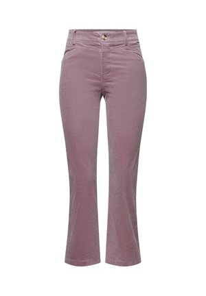 Pantalones de pana color malva de talle alto con bolsillos delanteros, trabillas para cinturón, cierre de botones y piernas ligeramente acampanadas.