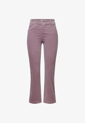 Pantaloni in velluto a coste color malva a vita alta con tasche anteriori, passanti per cintura, chiusura con bottone e gambe leggermente svasate.