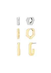 Ensemble de six boucles d'oreilles, deux en argent et quatre en or, présentant diverses formes géométriques et des surfaces lisses et polies.