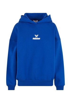 Sudadera azul hecha de una mezcla de algodón. Cuenta con un bolsillo tipo canguro en el frente, capucha con cordón y texto de logo blanco en el pecho.