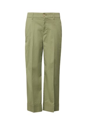 Męskie spodnie o prostych nogawkach w oliwkowym zielonym kolorze, z mankietami, szlufkami na pasek i zapięciem na guzik w pasie.