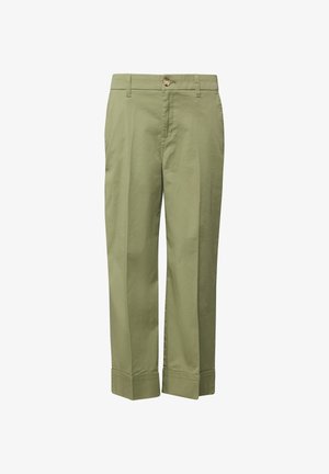 Herrenhose in Olivgrün mit geradem Bein, gekrempelten Säumen, Gürtelösen und Knopfverschluss an der Taille.