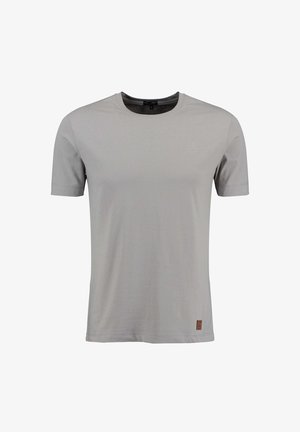 Hellgraues Baumwoll-T-Shirt mit Rundhalsausschnitt, kurzen Ärmeln und kleinem Logo auf der Brust. Mit einem Etikett am Saum.