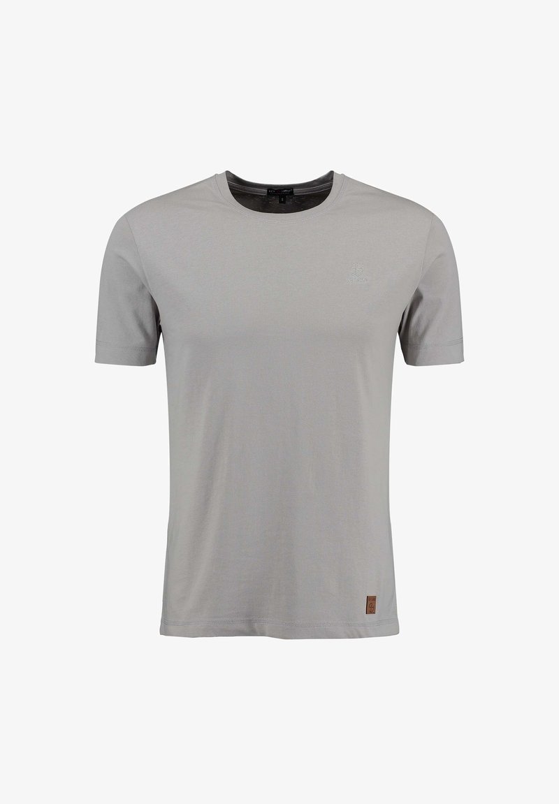 Jasnoszary bawełniany t-shirt z okrągłym dekoltem, krótkimi rękawami i małym logo na piersi. Posiada metkę na dolnym brzegu.