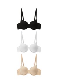 Drei BHs in einer vertikalen Reihe, in Schwarz, Weiß und Beige, jeweils mit verstellbaren Trägern und vorgeformten Cups auf weißem Hintergrund.