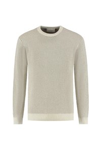 Pulover tricotat de un bej deschis, cu un model texturat, guler rotund și mâneci lungi. Manșetele și tivul cu model nervurat accentuează designul.