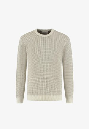 Maglione lavorato a maglia beige chiaro con un motivo testurizzato, scollo rotondo e maniche lunghe. I polsini e l'orlo a costine arricchiscono il design.