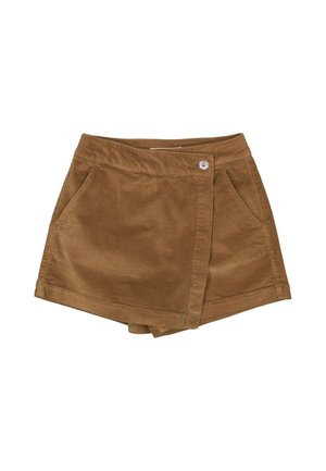 Pantalones cortos marrones de pana tipo envoltura con bolsillos laterales, cierre de botón delantero y un diseño corto y ajustado. Los shorts están planos y desocupados.