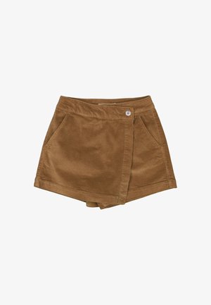 Braune Cord-Wickelshorts mit Seitentaschen, Knopfverschluss vorn und kurzem, enganliegendem Design. Die Shorts sind flach und ungetragen.