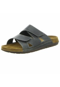 Sandalo scivoloso in pelle grigia con due cinturini regolabili, soletta in suede imbottita e suola in gomma. Caratterizzato da ritagli e cuciture in contrasto.