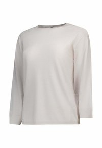 Pull en maille beige clair à manches longues, avec un col rond et des poignets et un ourlet côtelés, présenté sur fond blanc.