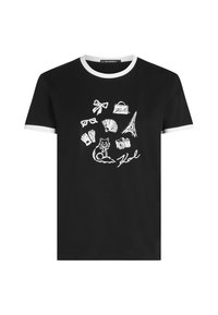 Czarna bawełniana koszulka z białym kontrastowym kołnierzykiem i rękawami, z graficznym wzorem przedstawiającym różne paryskie symbole oraz kota na froncie.