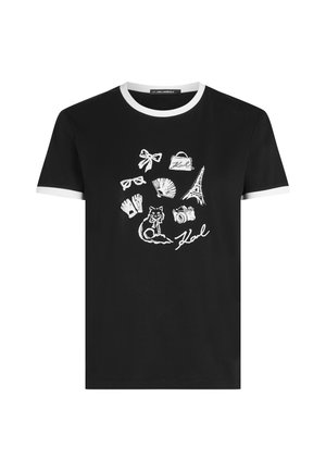 Tricou negru din bumbac, cu guler și mâneci albe în contrast, având un design grafic cu diverse simboluri pariziene și o pisică pe față.