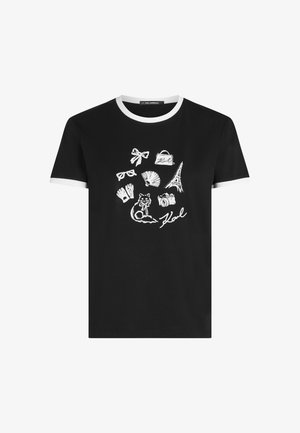 Must kärgterni t-särk valgete kontrastkrae ja varrukatega, mille ees on graafiline kujundus, kus on kujutatud erinevaid Pariisi sümboleid ja kassi.