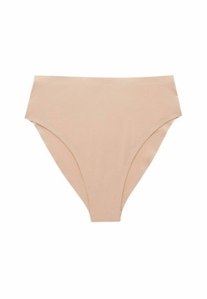 Beige high-waisted bikini bottom made of soft fabric. Features a smooth texture with a classic cut and no visible patterns or embellishments.