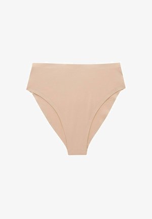 Costume da bagno a vita alta beige realizzato in tessuto morbido. Presenta una texture liscia con un taglio classico e senza motivi o decorazioni visibili.