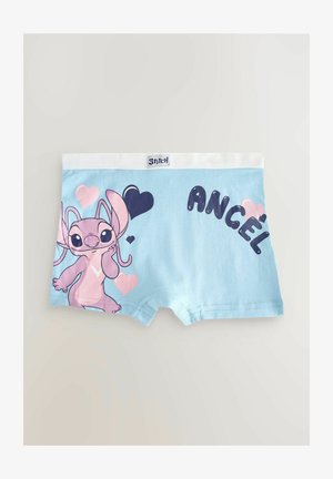 Jasnoniebieskie bawełniane bokserki z różowo-fioletową postacią z sercami oraz napisem "ÁNCEL" w ciemnym niebieskim. Biała talia.